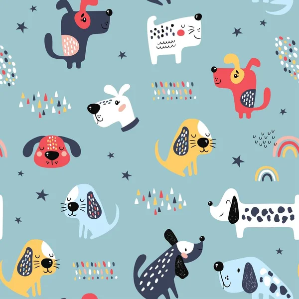 Childish seamless pattern with funny dogs. Creative texture in scandinavian style. Great for fabric, textile Vector Illustration