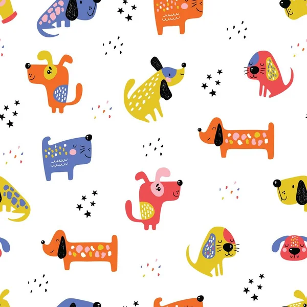 Childish seamless pattern with funny dogs. Creative texture in scandinavian style. Great for fabric, textile Vector Illustration