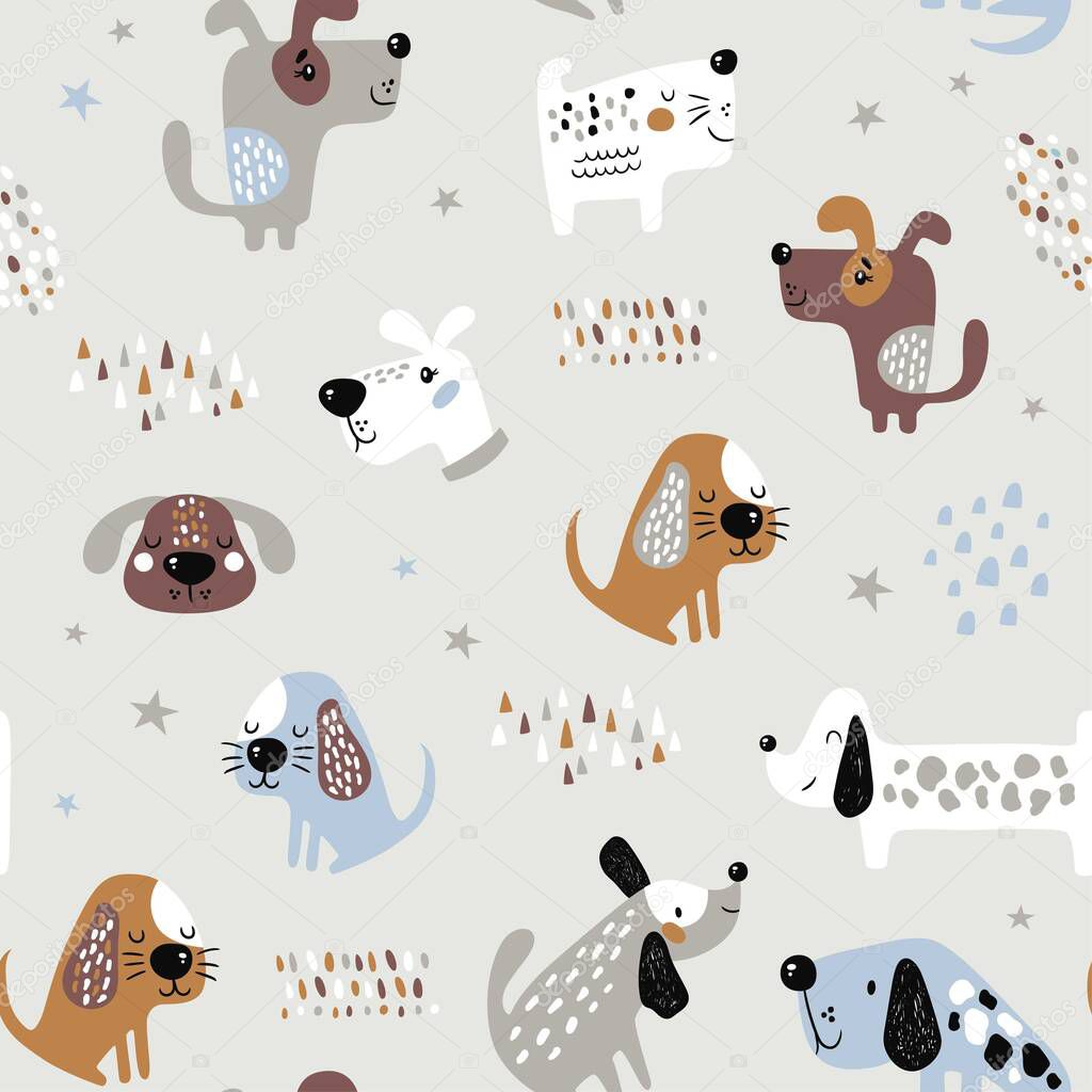 Childish seamless pattern with funny dogs. Creative texture in scandinavian style. Great for fabric, textile Vector Illustration