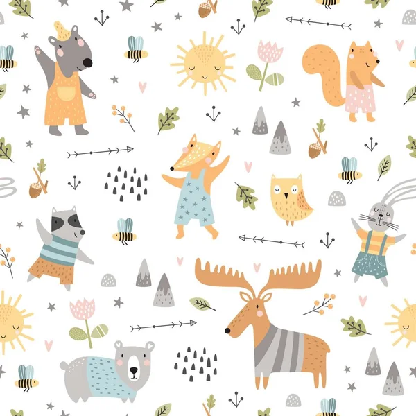 森の動物とシームレスな幼稚なパターン かわいい鹿 タヌキ キツネ ウサギ 服のリス 面白い文字 織物のための創造的なスカンディナヴィアの子供のテクスチャ — ストックベクタ