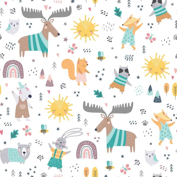 Seamless Childish Pattern Woodland Animals Cute Deer Bear Raccoon Fox — Stock Vector