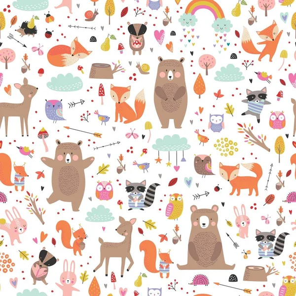 Seamless Childish Pattern Woodland Animals Cute Deer Bear Raccoon Fox — Stock Vector