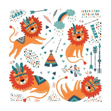 Sevimli kabile aslanları vektör seti. Çocukça bir iz. Çizgi film aslanları.