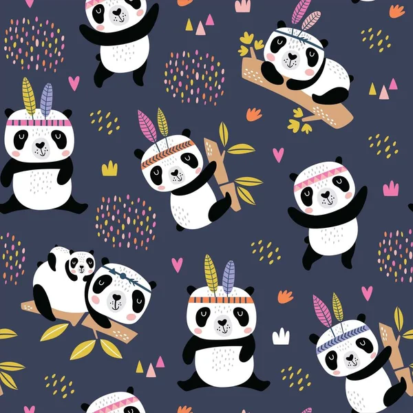 Seamless Childish Pattern Hand Drawn Cute Pandas Creative Scandinavian Kids — Stock Vector