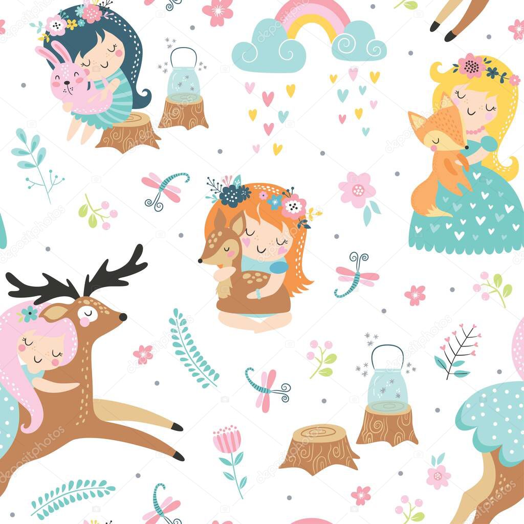 Vector seamless childish pattern with fairy, flowers, rainbow and other elements. Fairy with a magic wand vector illustration. Seamless pattern with cartoon fairy for kids, girl.