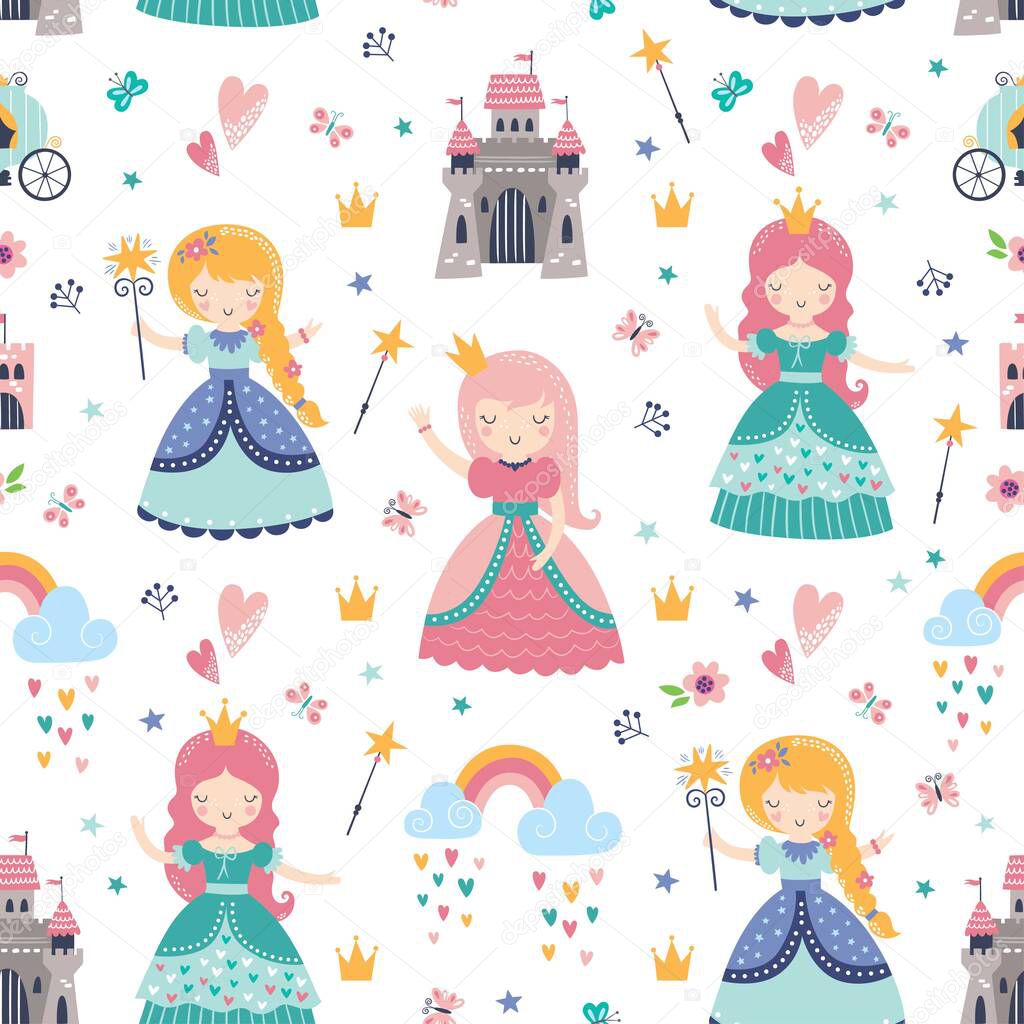 Childish seamless pattern with princess, castle, carriage in Scandinavian style. Creative vector childish background for fabric, wrapping, textile, wallpaper, apparel