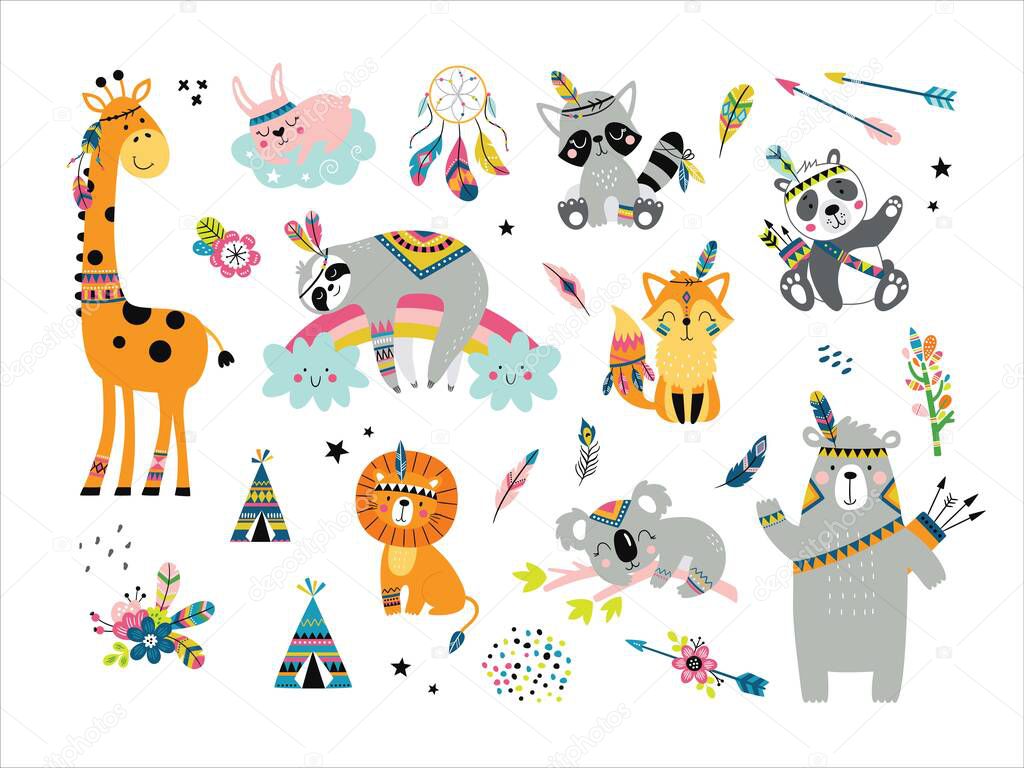 Woodland and jungle tribal animals isolated vector set. Collection with rainbow, feathers and other cute elements. Boho style. Ideal kids design, for fabric, wrapping, textile, wallpaper, apparel