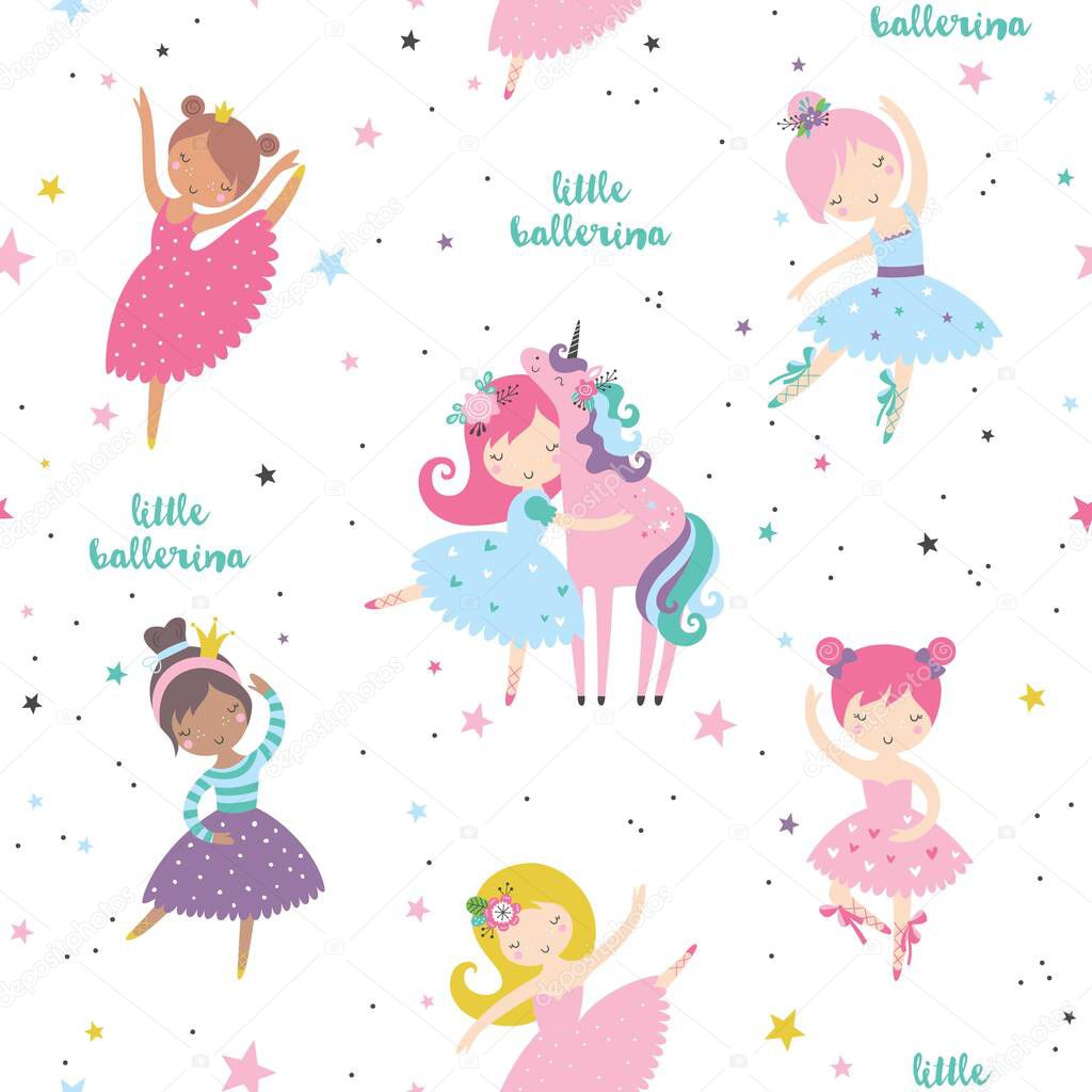 Pretty ballerinas with flowers childish seamless pattern. Creative nursery texture. Perfect for kids design, fabric, wrapping, wallpaper, textile, apparel