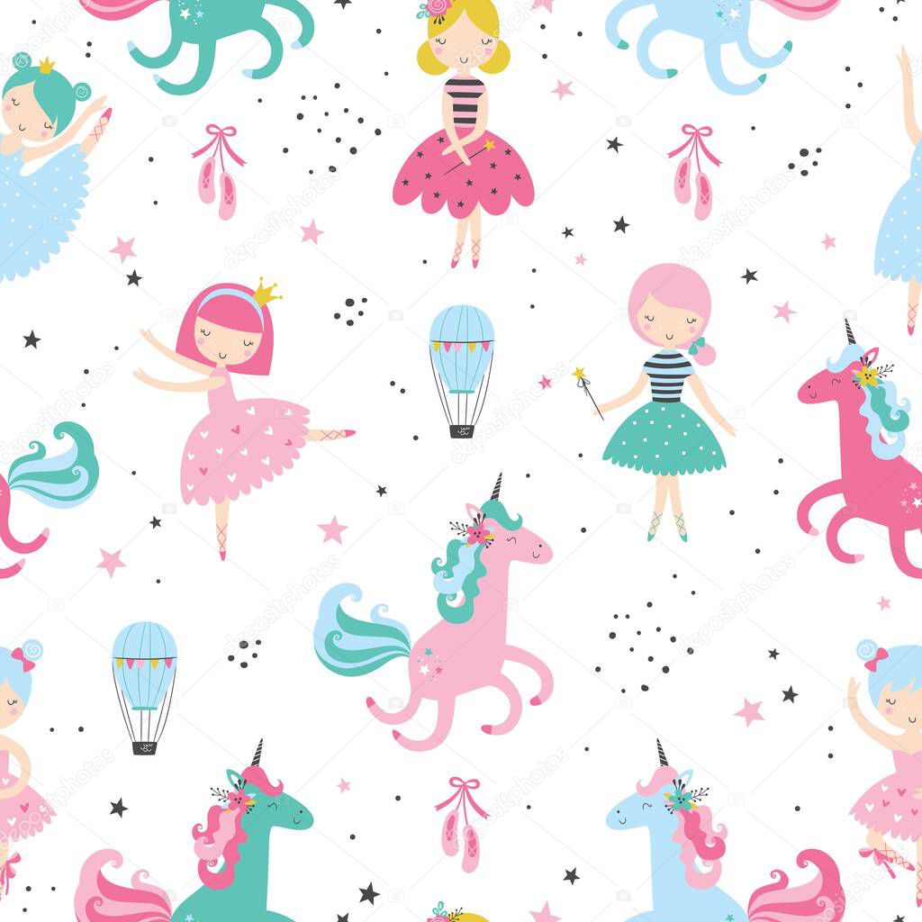 Cute ballerina with sweet unicorn childish seamless pattern. Creative nursery texture. Perfect for kids design, fabric, wrapping, wallpaper, textile, apparel