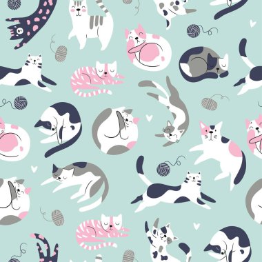 Komik kedilerde kusursuz desen. İskandinav tarzında yaratıcı çocuksu bir doku. Kumaş ve Tekstil Vektörü İllüstrasyonu için harika