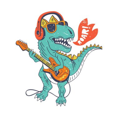 Havalı dinozor gitar çizimi yapıyor. Gömlek baskısı, kartpostal, çocuk odası posteri için ideal. Çocuklar için grafik tasarımı