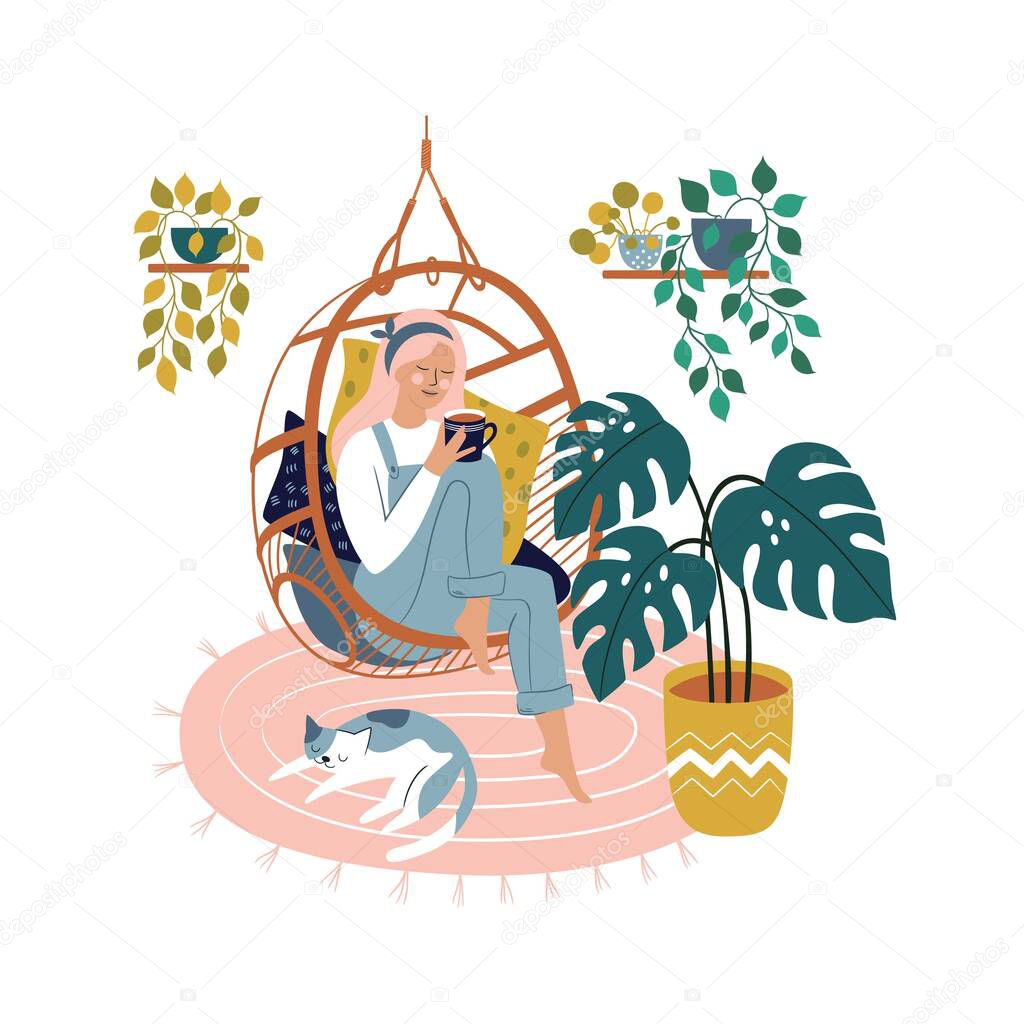 Relaxed beautiful woman sitting in comfy hanging chair vector flat illustration. Female drinking coffee at cozy home interior. Time for yourself and relaxation at comfortable atmosphere