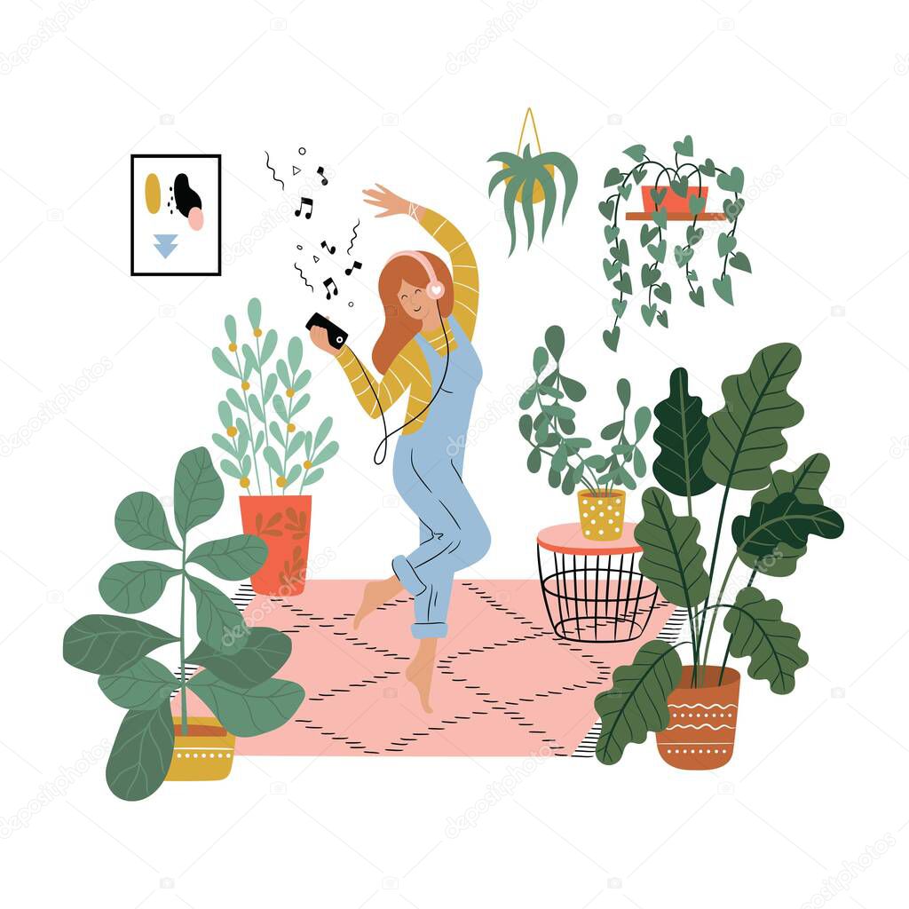 Young pretty woman enjoying her free time at home. Cheerful girl dancing in her room with headphones. Colorful vector illustration in flat cartoon style, isolated on white background.