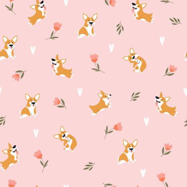 Komik Corgis köpekleriyle kusursuz desen. İskandinav tarzında yaratıcı bir doku. Kumaş ve Tekstil Vektörü İllüstrasyonu için harika