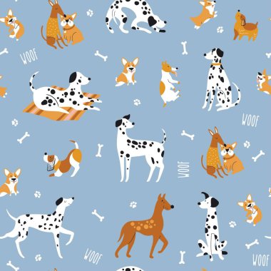 Komik köpeklerle kusursuz bir düzen. İskandinav tarzında yaratıcı bir doku. Kumaş ve Tekstil Vektörü İllüstrasyonu için harika