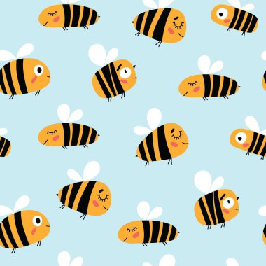 Çizgi film tarzında arılarla kusursuz çocuksu bir düzen. Duvar kağıdı, kumaş dokusu ve ambalaj kağıdı için mükemmel.