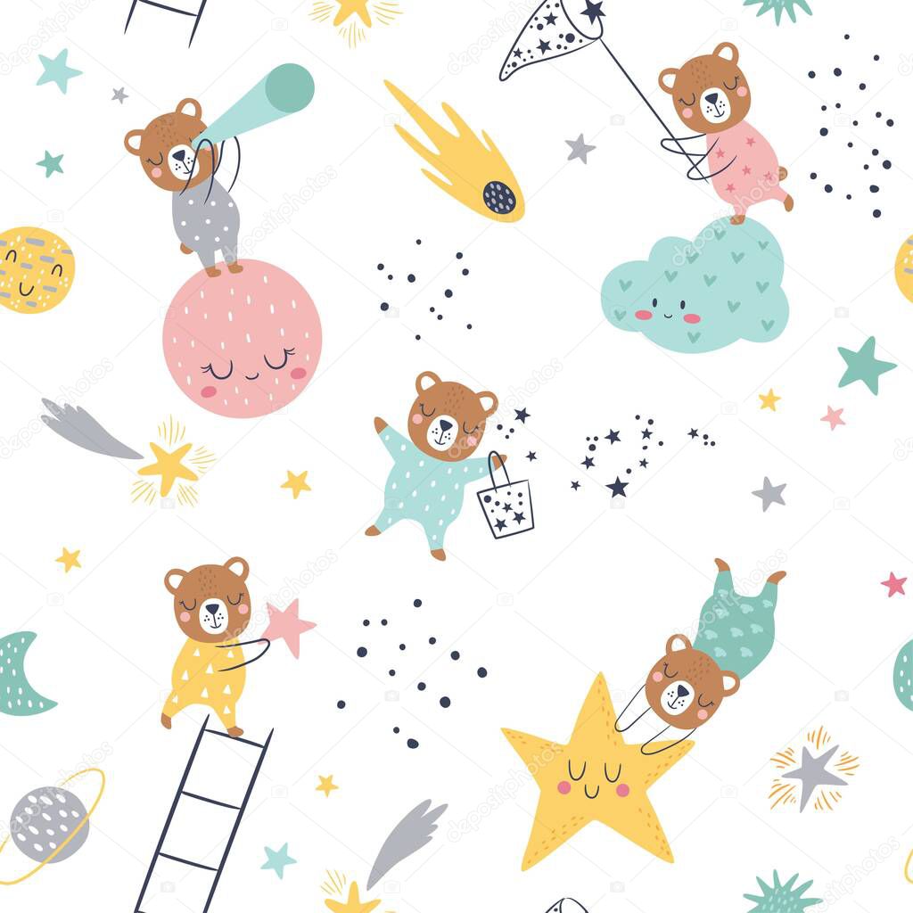 Seamless childish pattern with catching stars cute bears, planets, cloud, moon and stars. Creative kids texture for fabric, wrapping, textile, wallpaper, apparel. Vector illustration