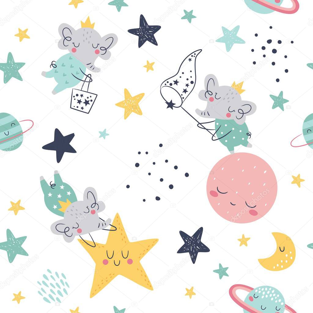 Seamless childish pattern with catching stars cute elephants, planets, cloud, moon and stars. Creative kids texture for fabric, wrapping, textile, wallpaper, apparel. Vector illustration