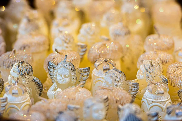 Basket White Angel Shaped Candles Christmas Market Close Soft Focus — Stock Photo, Image