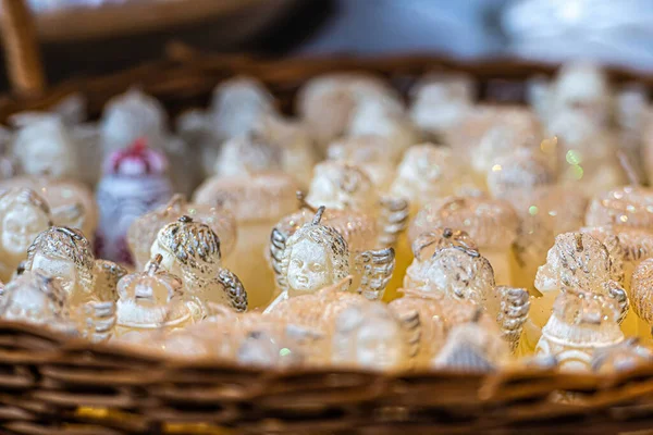 Basket White Angel Shaped Candles Christmas Market Close Soft Focus — Stock Photo, Image