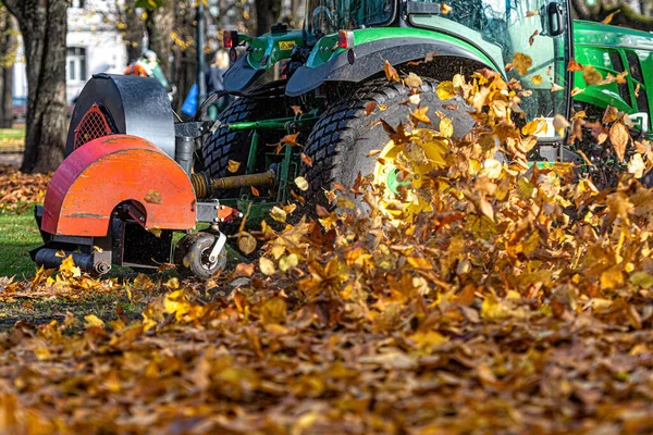 Hava üfleyicili bir traktör şehir parkının çimlerini temizler ve sonbahar yapraklarını siler, yakın çekim manzarası