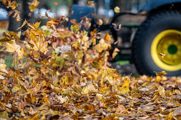 Traktor Dmychadlem Čistí Trávník Městského Parku Odfoukne Podzimní Listí Pohled — Stock fotografie