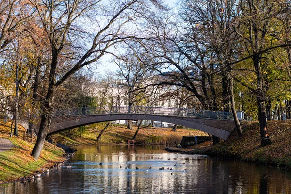 Puente Peatonal Otoño Sobre Canal Riga Cerca Bastejkalns Letonia — Foto de Stock