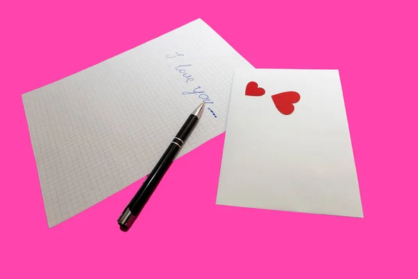 Love Letter Pen Envelote Vith Little Paper Hearts Pink Background — Stock Photo, Image