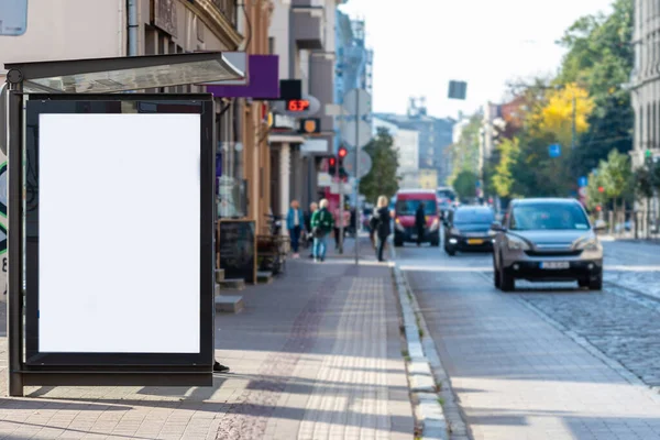 Panneau Affichage Blanc Blanc Vertical Arrêt Bus Sur Rue Ville — Photo