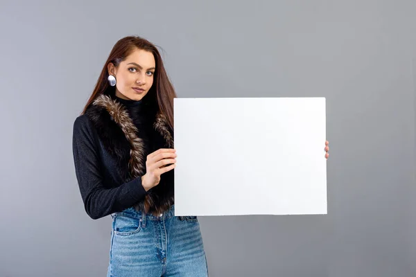 Elegant Young Teenager Woman Showing Blank Signboard Copy Space Isolated — Stock Photo, Image