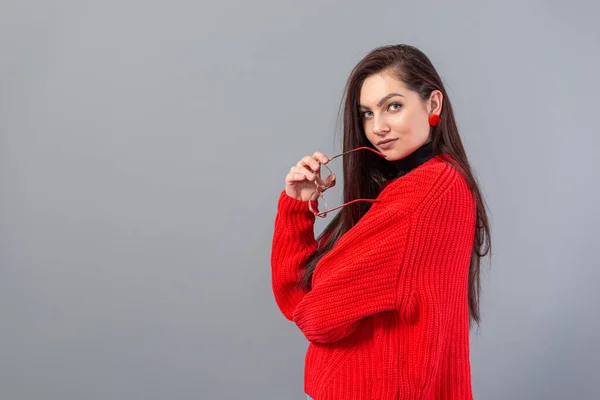 Young Emotional Teenage Woman Glasses Dressed Red Sweater Posing Gray — Stock Photo, Image