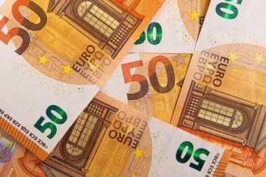 Ekonomik ve ticari sistemin bir parçası olarak 50 avroluk banknotlar, Euro banknotları, yakın plan