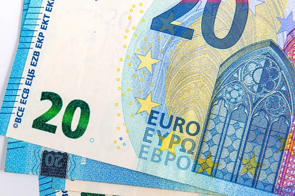 ユーロ銀行券20枚 ユーロ銀行券20枚を背景に 貿易システムの一部として クローズアップ — ストック写真