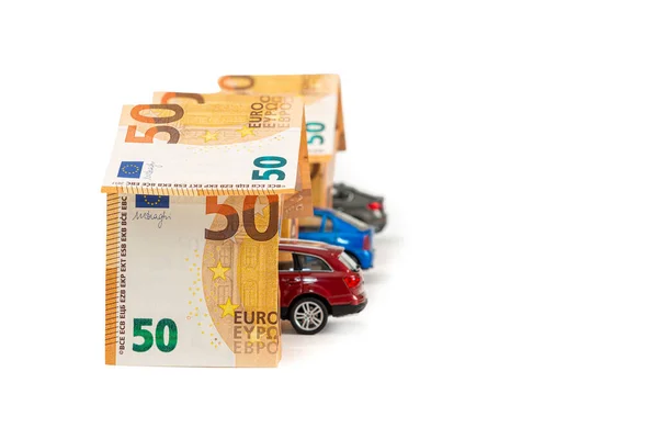 Case Banconote Euro Veicoli Isolati Bianco Prestito Immobiliare Auto Concetto — Foto Stock