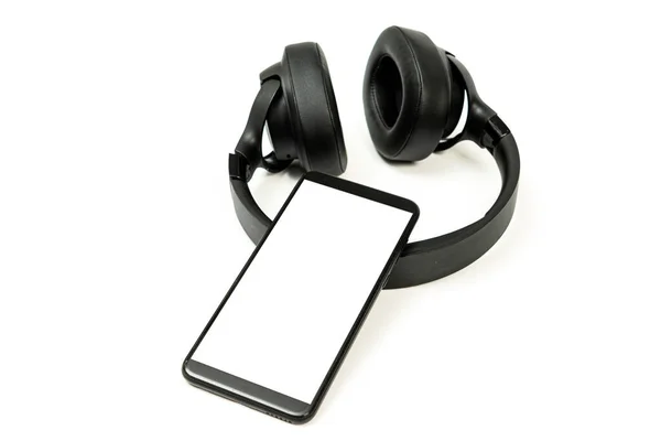 Casque Sans Fil Noir Smartphone Sur Fond Blanc Maquette Écran — Photo