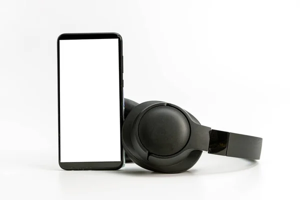 Casque Sans Fil Noir Smartphone Sur Fond Blanc Maquette Écran — Photo