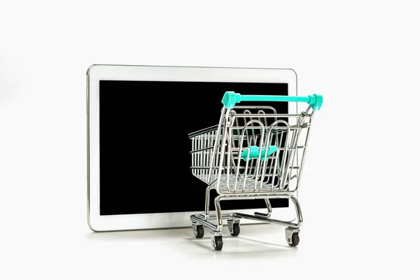 Mini Carrito Compras Tableta Digital Con Pantalla Negra Aislada Blanco —  Fotos de Stock