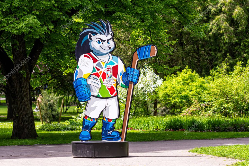 Riga, Latvia - 29 May, 2021: Spiky the Hedgehog The official mascot of the 2021 IIHF Ice Hockey World Championship