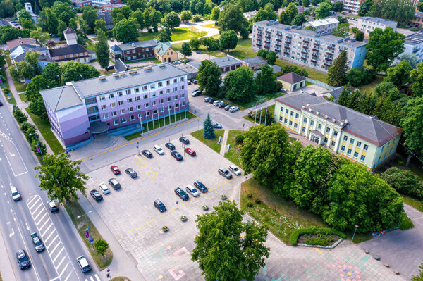 View from above of the Dobele city, city and county administrative buildings, Zemgale region, Latvia