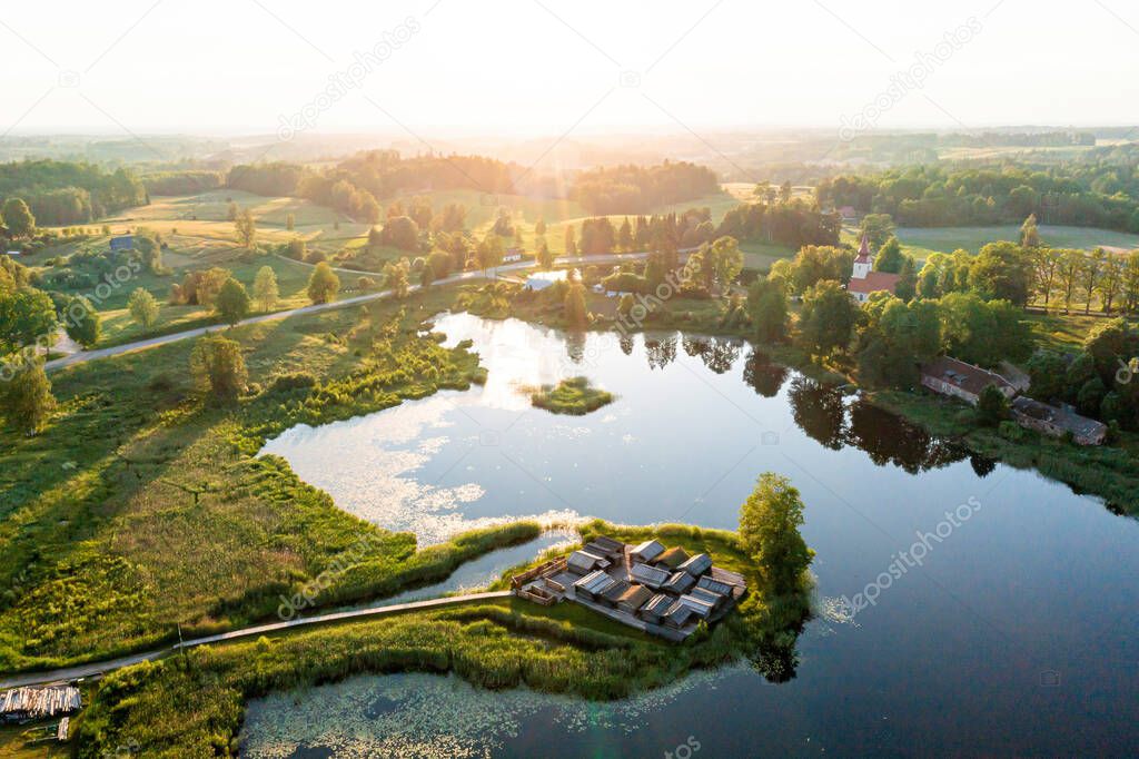 Latvia. Gauja National Park. The main object in Araishi (Araisi) Archaeological Park is the reconstruction of the Viking Age ancient Latgallian fortress in the original place - on a small lake island.