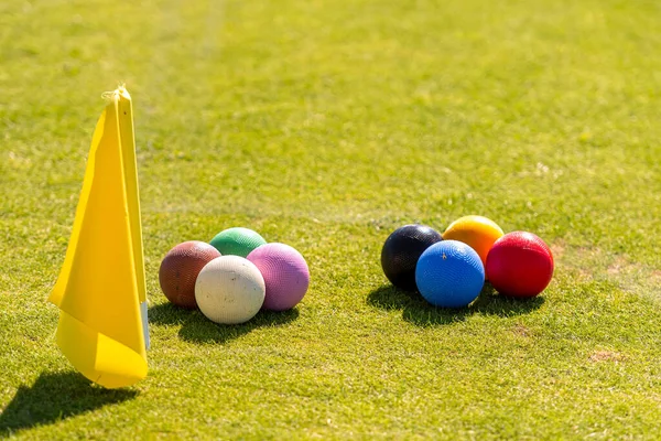 Set Colorful Croquet Balls Green Lawn Game — Stock Photo, Image