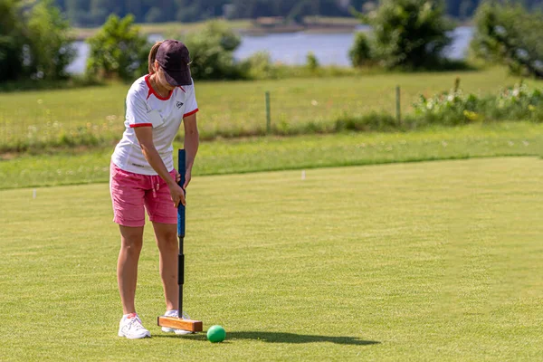 Ikskile Latvia July 2021 Young Woman Playing Croquet Lawn Family — Stock Photo, Image