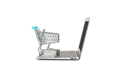 Bilgisayarlı online alışveriş konsepti ve alışveriş arabası beyaz arka planda izole edilmiş, fotokopi alanı ile, yakın plan. e-ticaret