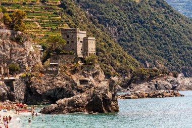Güzel, berrak mavi suyu olan el değmemiş çakıl taşı plajı Monterosso al Mare, Cinque Terre, İtalya
