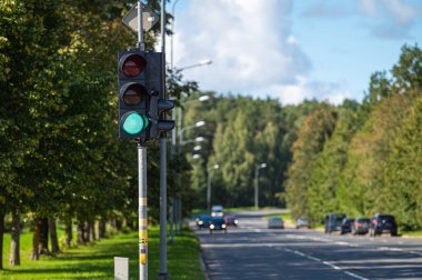 İşsiz şehir caddesine yeşil ışık yakılmış trafik semaforu 
