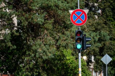 Odaklanmamış arkaplana karşı yeşil ve ışıklı yol işareti ve trafik semaforu