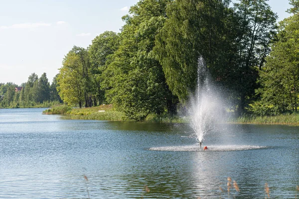 Fontána Jezeře Aluksne Pilssaly Slunečného Letního Odpoledne Aluksne Vidzeme Lotyšsko — Stock fotografie