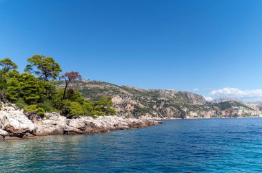 Lokrum Adası 'nın kayalık kıyı şeridini çevreleyen güzel berrak sular ve yemyeşil alanlar..