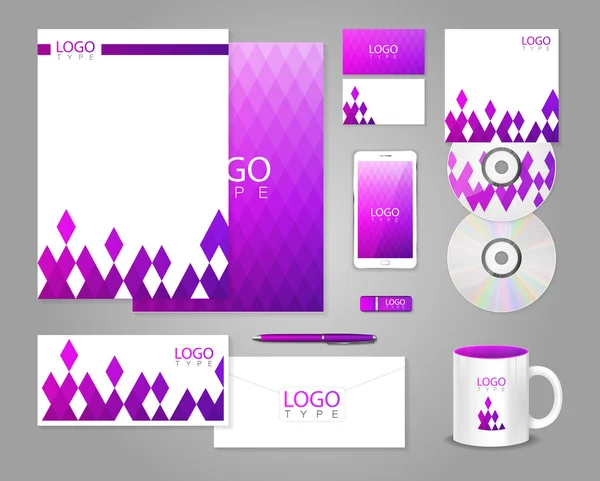 Corporate identity template with purple rhombuses — Stock Vector