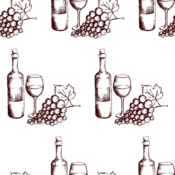 Patrón sin costuras. Botella de vino, copa y uvas — Vector de stock